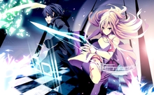 gloves long hair weapons pink hair black eyes short hair yellow eyes anime anime girls swords black Wallpaper